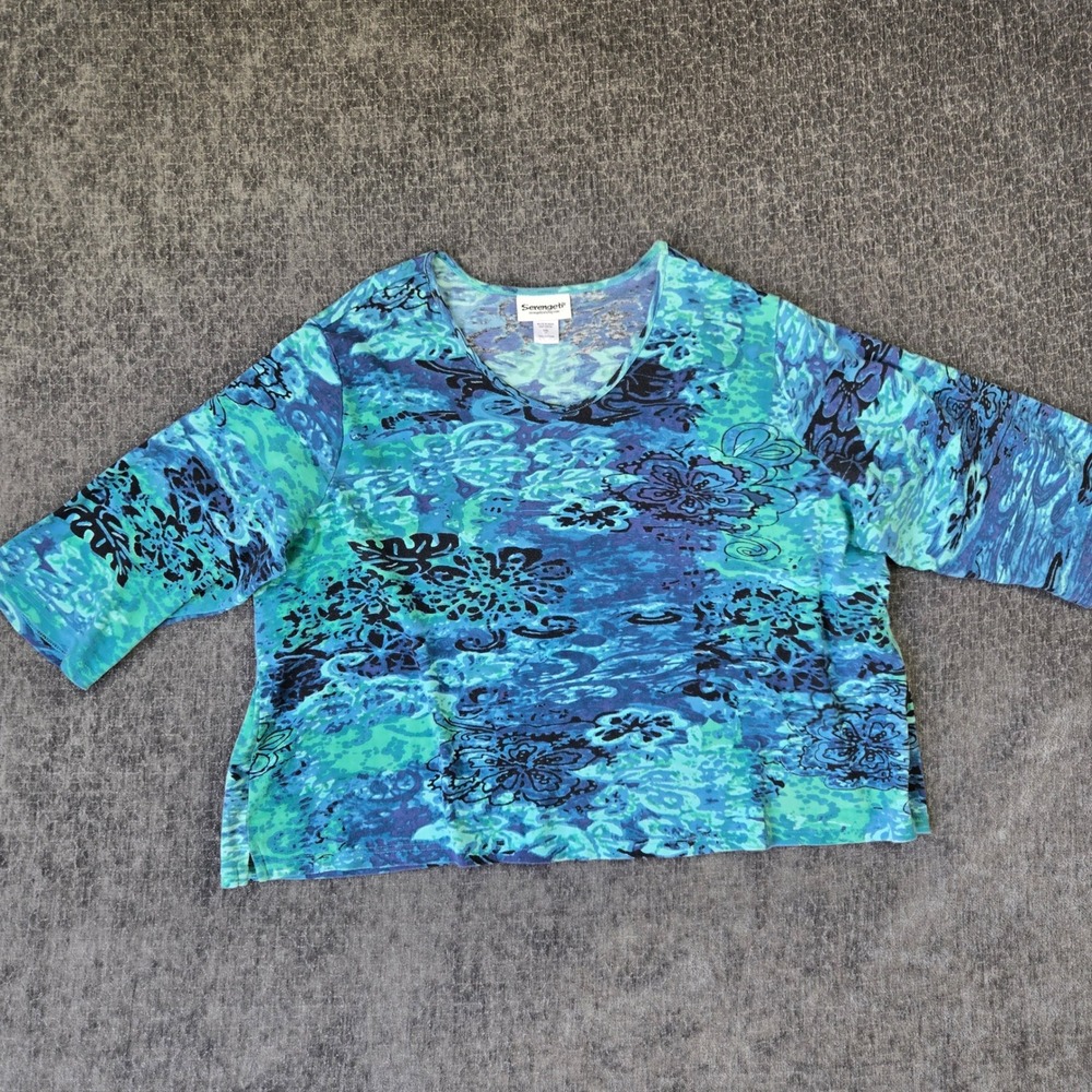 Serengeti Top Womens 2X Blue Floral Abstract 3/4 Sleeve V-Neck